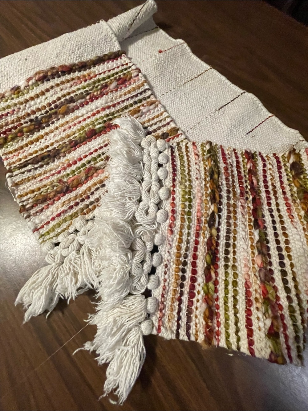 Vtg Pier One Cream Table Runner with Multicolor Stripes and boho  Fringe